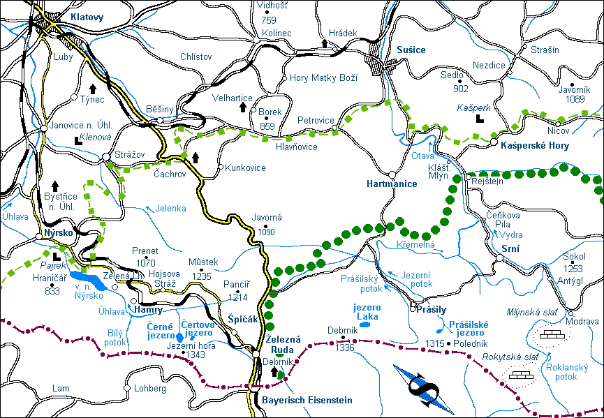 Podrobná mapa západní Šumavy